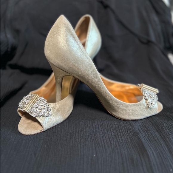 Badgley Mischka Gold Leather Heels Womens 8.5 Peep Toe Embellished Heels - Picture 3 of 11